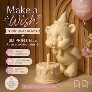 Könnte beinhalten: Eine cremefarbene 3D-gedruckte Geburtstagsbärenfigur mit Partyhut und Fliege, die eine Kerze auf einem kleinen Kuchen auspustet. Das Bild enthält den Text "Make a Wish" und "Happy Birthday!"