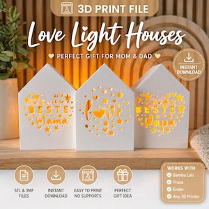 May include: Three white, house-shaped light holders with heart and star cutouts. The center one says "Love" and the others say "Beste Mama" and "Bester Papa" in gold. The text "Love Light Houses" is above them.