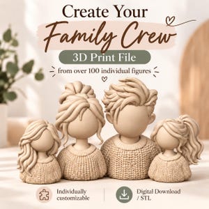Può includere: Un file digitale per stampa 3D con quattro figure senza volto che indossano maglioni testurizzati. Il testo recita: Create Your Family Crew, 3D Print File, from over 100 individual figures, Individually customizable, Digital Download / STL.