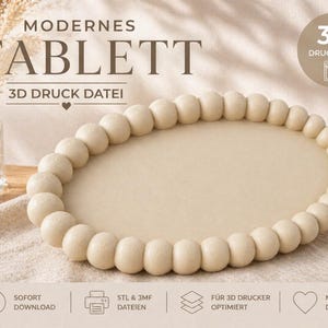 Könnte beinhalten: Ein beiges, ovales Tablett mit Perlenrand. Auf dem Tablett stehen die Worte "MODERNES TABLETT" und "3D DRUCK DATEI". Das Tablett ist für den 3D-Druck konzipiert.