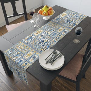 Blue Yellow Tile Patchwork Table Runner | Floral Bird Pattern