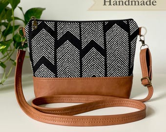 Small Crossbody Bag Women Vegan Leather Tribal Fabric Handmade Handbag Adjustable Strap Everyday Shoulder Bag Minimalist Gift for Her