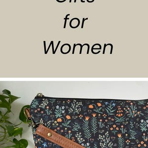 May include: A black crossbody bag with a floral pattern and a brown leather base and strap. The bag features a zipper closure and a long, adjustable strap. The text "Best Handmade Gifts for Women" is also visible.
