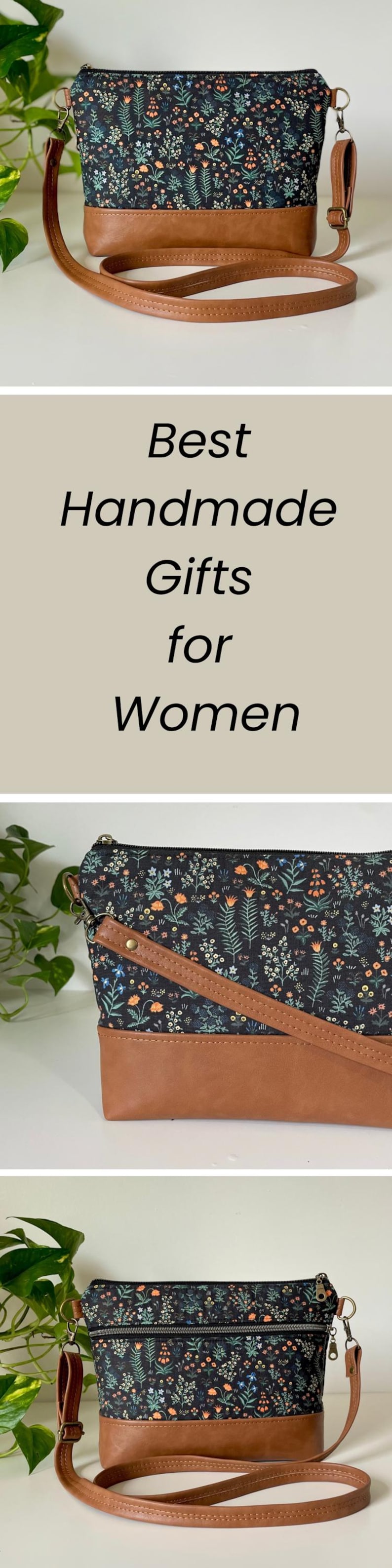 May include: A black crossbody bag with a floral pattern and a brown leather base and strap. The bag features a zipper closure and a long, adjustable strap. The text "Best Handmade Gifts for Women" is also visible.