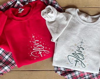 Christmas Tree Sweatshirt Red Holiday Pullover Embroidered Christmas Top Christian Winter Apparel Snowflake Design Shirt Festive Crew Neck