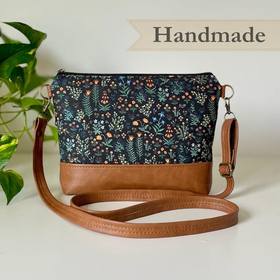 Handmade Crossbody Bag Women Small Purse Gift for Her Vegan Leather Bag Floral Fabric Adjustable Strap Everyday Bag for Women Gift for Mom