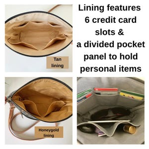 May include: Images showcase the interior of a crossbody bag, highlighting its tan and honeygold lining. The bag features six credit card slots and a divided pocket panel for personal items. The bag has a black exterior.