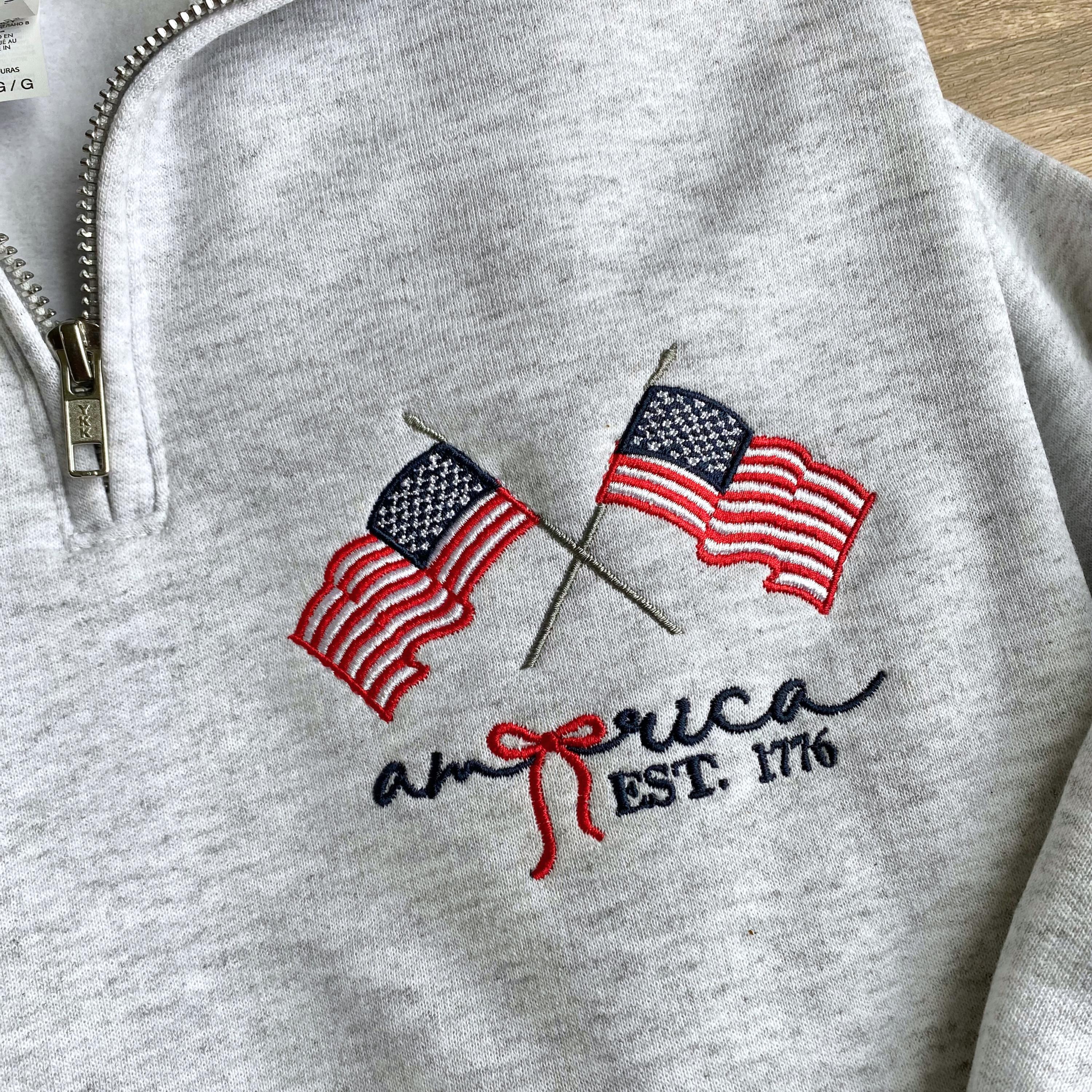 Embroidered American Flag Sweatshirt USA Patriotic Quarter Zip Pullover 4th of July Gift America EST 1776 Independence Day Women's Sweater