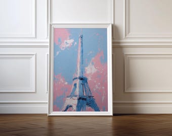 Eiffel Tower Abstract Art Print: Paris Skyline, Pink & Blue Decor (Digital Download)
