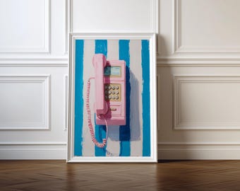 Dipinto retrò di un telefono rosa, arte murale vintage, stampa di un telefono pop art (download digitale)
