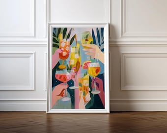 Cocktailparty Kunstdruck, Sommer Getränke Wanddekoration, Lebendige Bar Kunstwerk, Tropische Getränke Illustration für Zuhause oder im Café(Digitaler Download)
