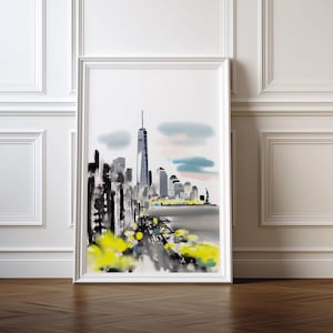 New York Skyline Watercolor Art Print, Statue of Liberty (Digital Download)