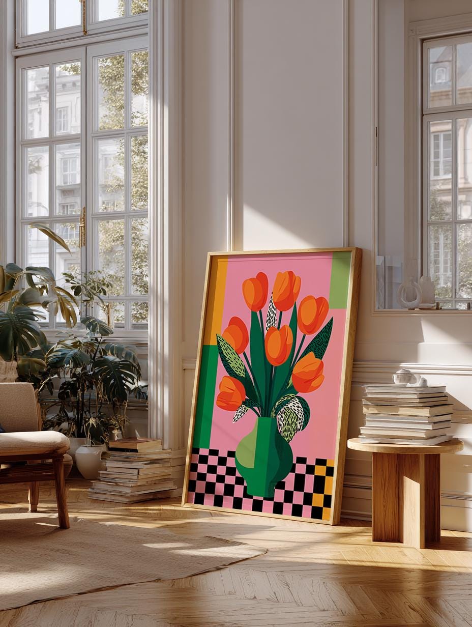 Colorful Tulip Vase Art Print, Modern Floral Illustration Poster ...