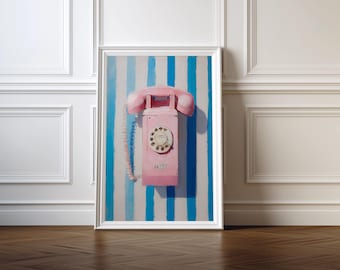 Arte vintage con teléfono de disco rosa, lámina de bodegón retro con teléfono (descarga digital)