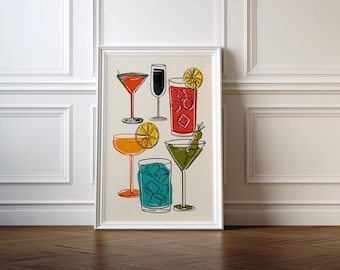 Colorful Cocktail Illustration Print, Modern Bar Decor (Digital Download)
