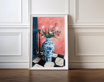 Tulip Painting, Blue Vase Still Life, Botanical Art (Digital Download)