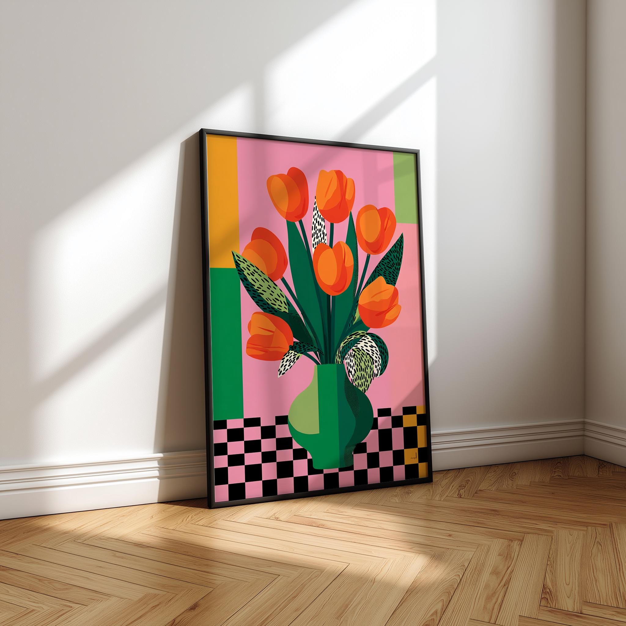 Colorful Tulip Vase Art Print, Modern Floral Illustration Poster ...