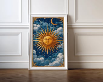 Lámina celestial vintage de sol y luna: decoración bohemia y de brujería (descarga digital)