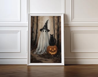 Ghost, Black Cat, Pumpkin Halloween Art Print (Digital Download)
