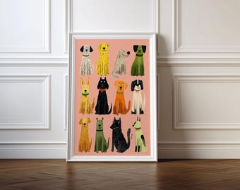 Colorful Dogs Art Print, Modern Whimsical Puppy Illustration (Digital Download)