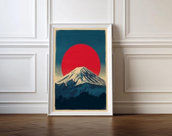 Mount Fuji Retro Art Print: Japanese Landscape, Red Sun (Digital Download)