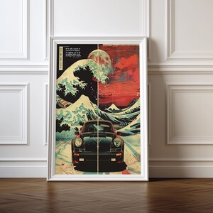 May include: Framed art print featuring a black sports car on a road, set against a backdrop of a large wave and a red sky with a full moon. The artwork is in a Japanese Ukiyo-e style, with text in the upper left corner.