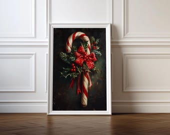 Candy Cane Christmas Wall Art, Holiday Watercolor Print, Festive Red Bow Decoration, Winter Home Decor (Digital Download)
