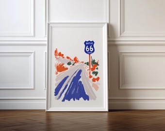 Route 66 Road Trip Art, Modern Retro Travel Poster, Highway Wall Decor (Digital Download)