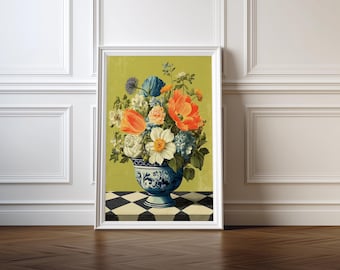Vintage Floral Still Life Print, Colorful Flower Bouquet Art (Digital Download)