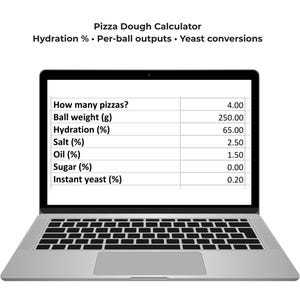 Può includere: Un laptop argentato che mostra un calcolatore per l'impasto della pizza. Lo schermo mostra una tabella con gli input per l'impasto della pizza, tra cui il peso della palla, l'idratazione, il sale, l'olio, lo zucchero e le percentuali di lievito istantaneo.