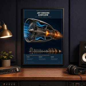 May include: A framed wall poster titled JET ENGINE AIRFLOW featuring a detailed cross-section illustration of a jet engine with blue airflow lines, a metallic turbine core, and descriptive text explaining the bypass, compress, and exhaust stages.