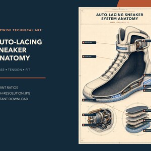 Futuristic Self-Lacing Sneaker Blueprint Poster, 80s Movie Inspired Printable Wall Art