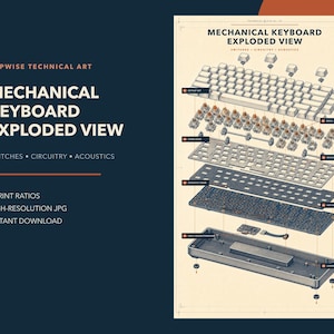May include: A technical art print titled Mechanical Keyboard Exploded View, displaying the components of a keyboard in an exploded diagram. The text includes Popwise Technical Art, Mechanical Keyboard Exploded View, Switches, Circuitry, Acoustics.