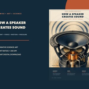 May include: A digital science art print titled How a Speaker Creates Sound, featuring a detailed cross-section illustration of a speaker driver with a copper coil, magnet, and cone, set against a beige background with blue concentric sound waves.