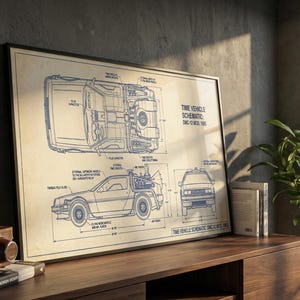 以下が含まれることがあります： 1985年型デロリアンタイムビークルの青写真図。青いインクでベージュの背景に描かれています。上、横、正面など、さまざまな角度から車両が描かれています。