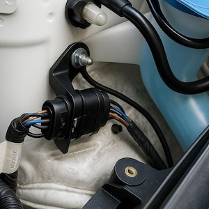 May include: Close-up of an engine compartment with black wiring, connectors, and a blue fluid reservoir. The image shows a complex arrangement of wires and components, with a white background.