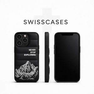 Gewatteerd iPhone-hoesje – Zwarte schokbestendige telefoonhoes met bergmotief en de quote "Never Stop Explore" – Avontuurlijk outdoor cadeau