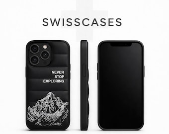 Gewatteerd iPhone-hoesje – Zwarte schokbestendige telefoonhoes met bergmotief en de quote "Never Stop Explore" – Avontuurlijk outdoor cadeau