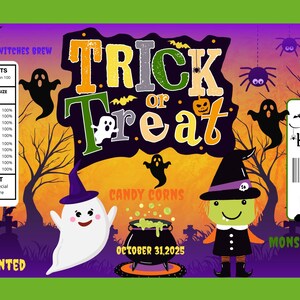 Puede incluir: Gráfico de Halloween con las palabras "Trick or Treat" en naranja, amarillo y verde. La imagen incluye fantasmas, murciélagos, una bruja, un caldero y el texto "Happy Halloween".