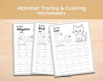 Alphabet Tracing Worksheets A-Z, Animal Coloring Pages, Preschool & Kindergarten Handwriting Practice PDF