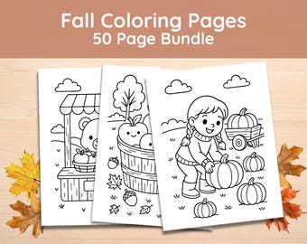 Fall Coloring Pages, 50-Page Printable Bundle, Preschool & Kindergarten Activity PDF