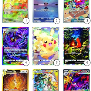 May include: Nine Pokemon trading cards featuring various characters. The cards have colorful illustrations and text, including characters like Pikachu, Charizard, and Umbreon. The cards are in English.