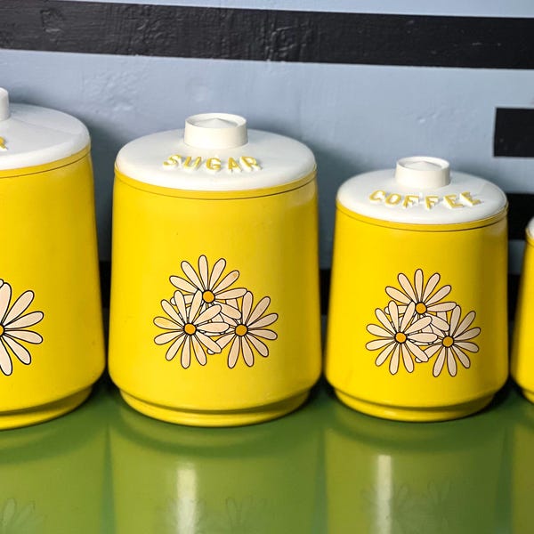 Vintage Kromex Yellow Daisy Canister Set of 4, Retro Kitchen Storage