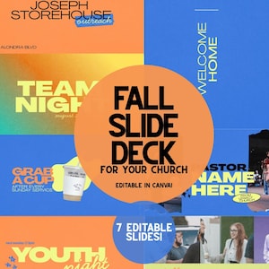 May include: A promotional graphic with a blue and orange color scheme. Text includes "Fall Slide Deck for Your Church," "Youth Night," and "Small Groups." The design also features the text "Editable in Canva" and "7 Editable Slides!"