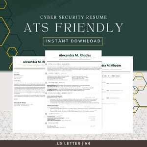 May include: A digital resume template set featuring a cover letter, resume, and references page for a cybersecurity professional named Alexandra M. Rhodes. The documents are white with black text, organized in sections including professional summary.