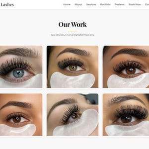 May include: Website showcasing eyelash extensions. The page features the text "Luxe Lashes" at the top, with navigation links. Below, the text "Our Work" is displayed, followed by six close-up images of eyes with various lash styles and under-eye pads.