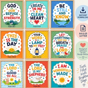 Christian Kids Wall Art | Set of 9 Kids Bible Verse Prints | Psalms Printable Wall Art Posters | 9 Digital Bible Prints | Instant Download