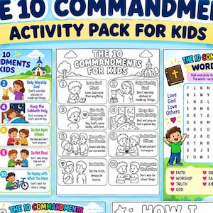 May include: A digital activity pack for kids titled The 10 Commandments featuring five printable pages including a colour chart, a black and white colouring sheet, a word search, a true or false quiz, and a How I Follow Jesus worksheet.