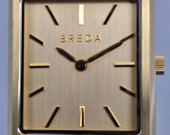 BREDA Virgil Gold Tone Tank Watch Black Leather Strap Unworn Minimalist Design