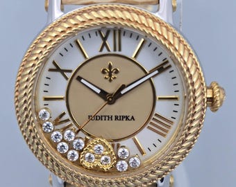 Judith Ripka Odyssey Watch Floating Crystal Heart Dial Two Tone Leather Unworn